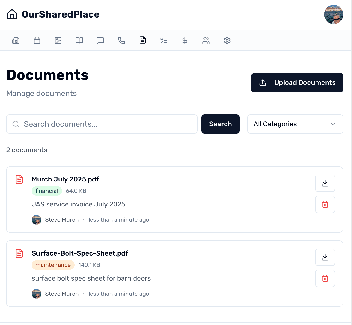 Document storage with upload, categorization, and search features