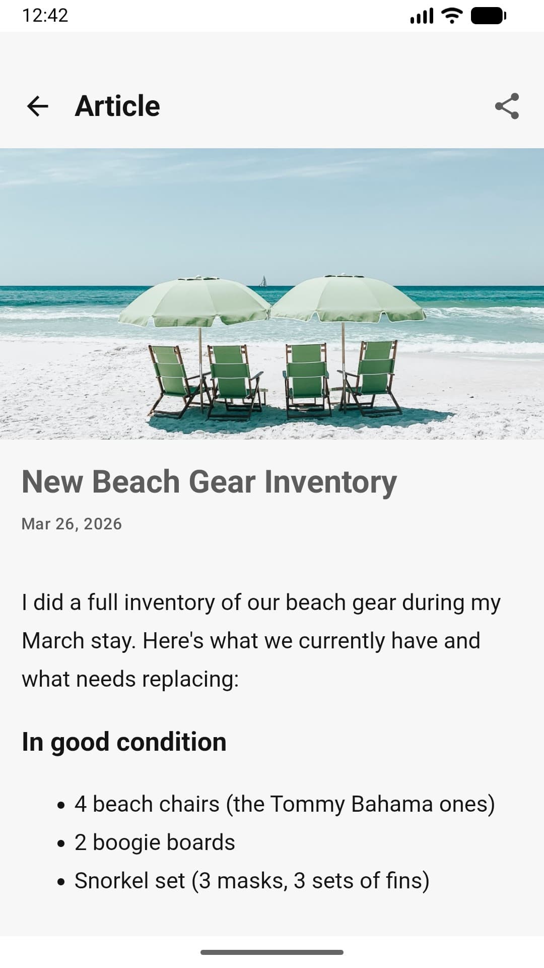 A how-to article about beach gear inventory being read in the Android app