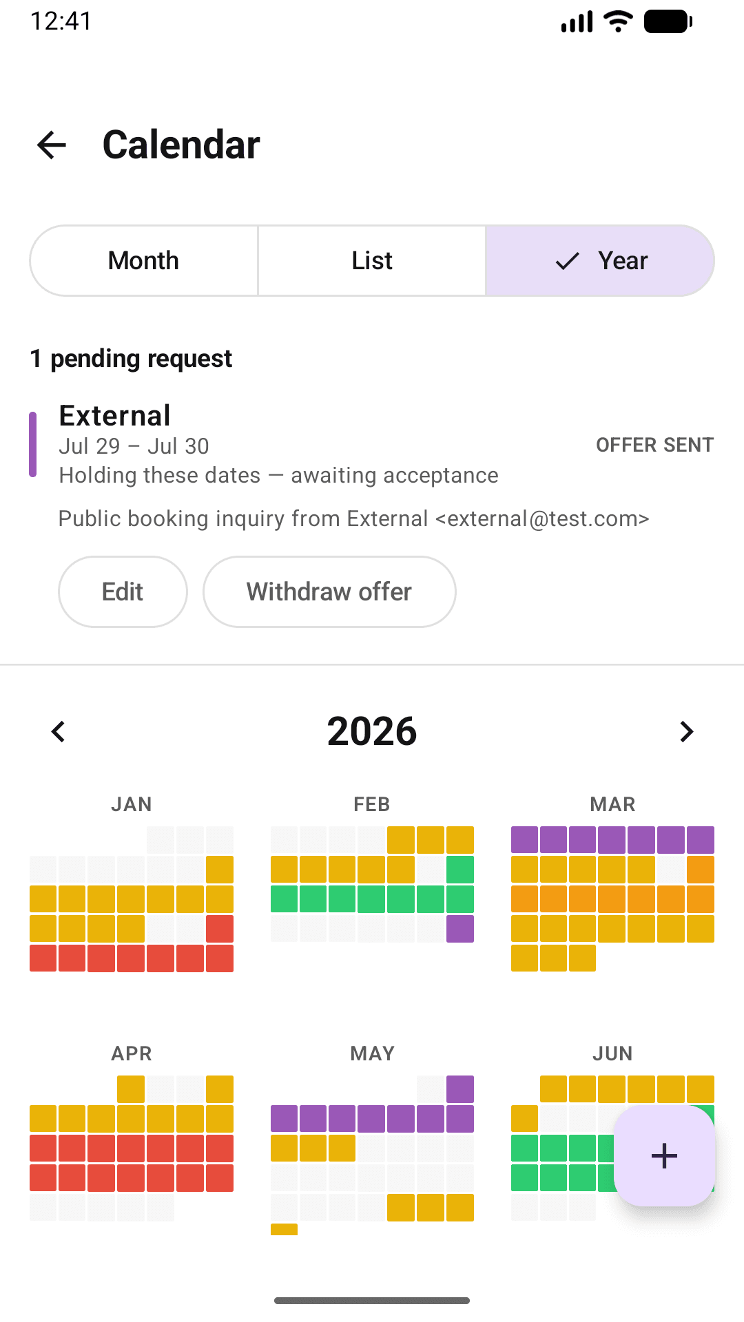 Year view of the shared calendar in the Android app, with a pending booking request shown above it
