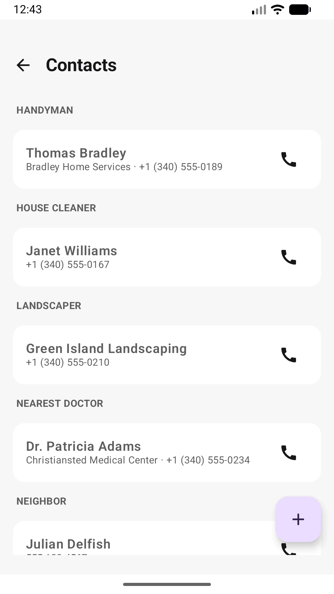 The Contacts screen in the Android app, grouped by role, with tap-to-call buttons