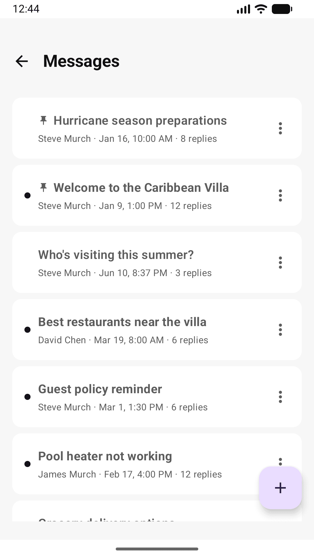 The Messages discussion board in the Android app, showing pinned and unread threads