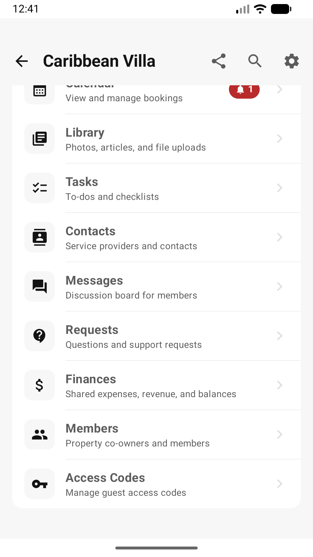 The OurSharedPlace Android app property menu, showing Calendar, Library, Tasks, Contacts, Messages, Requests, Finances, Members, and Access Codes