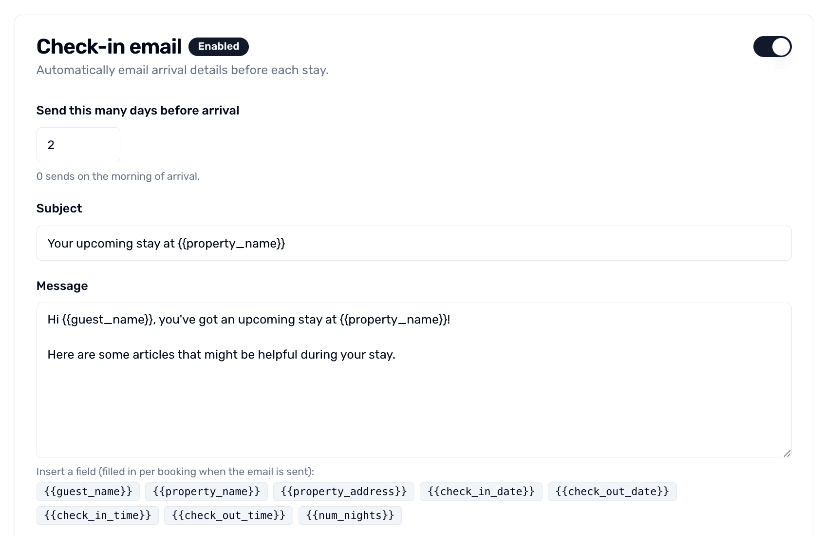Guest Emails settings showing configurable check-in and checkout emails