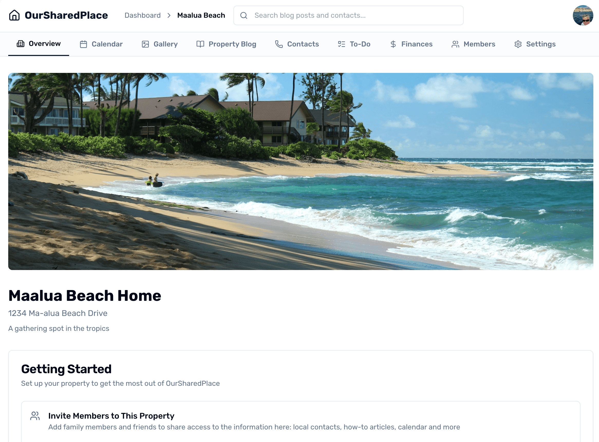 OurSharedPlace property dashboard showing calendar and property overview