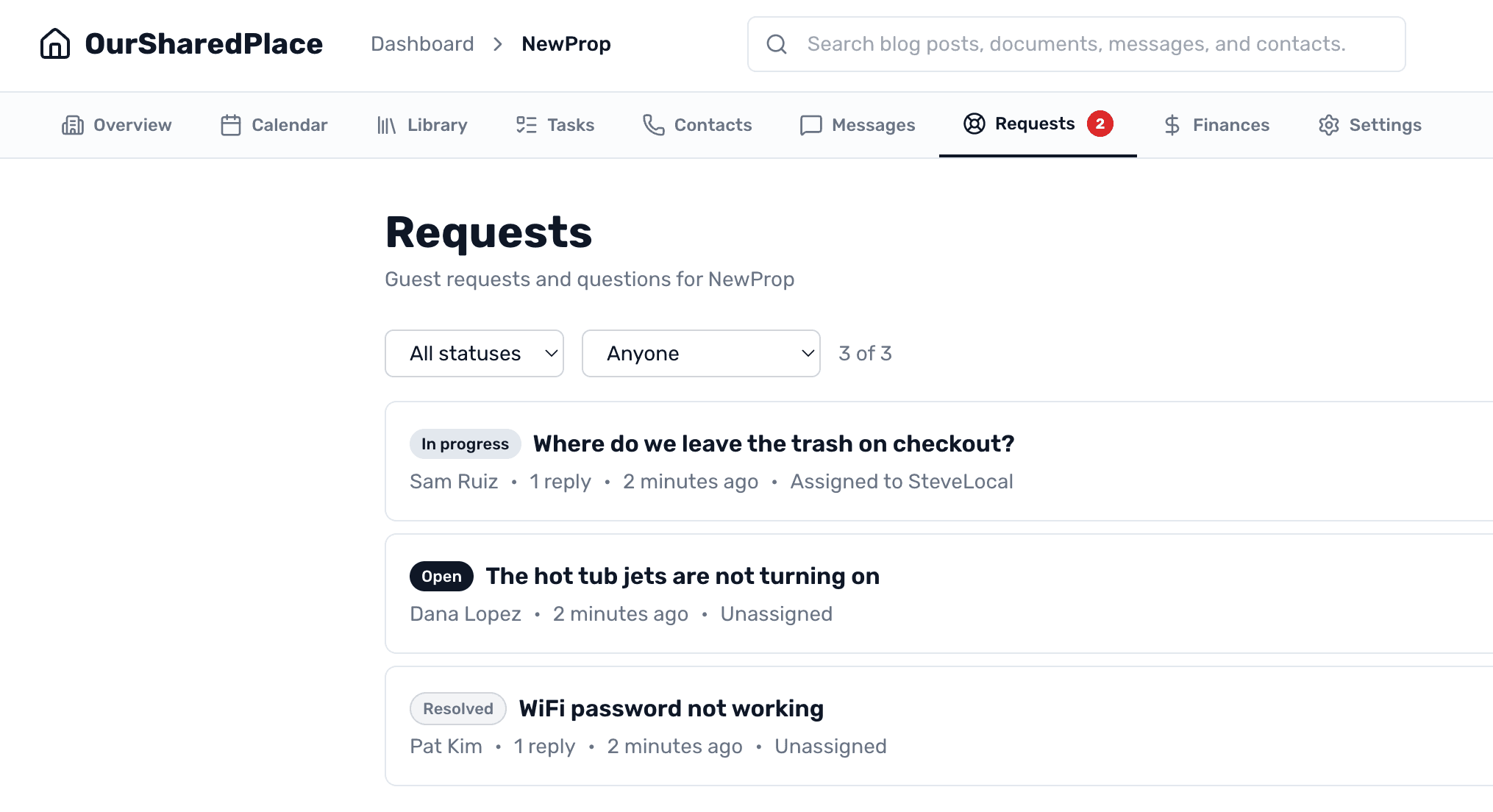 Guest Requests triage view showing a request with status and assignment controls