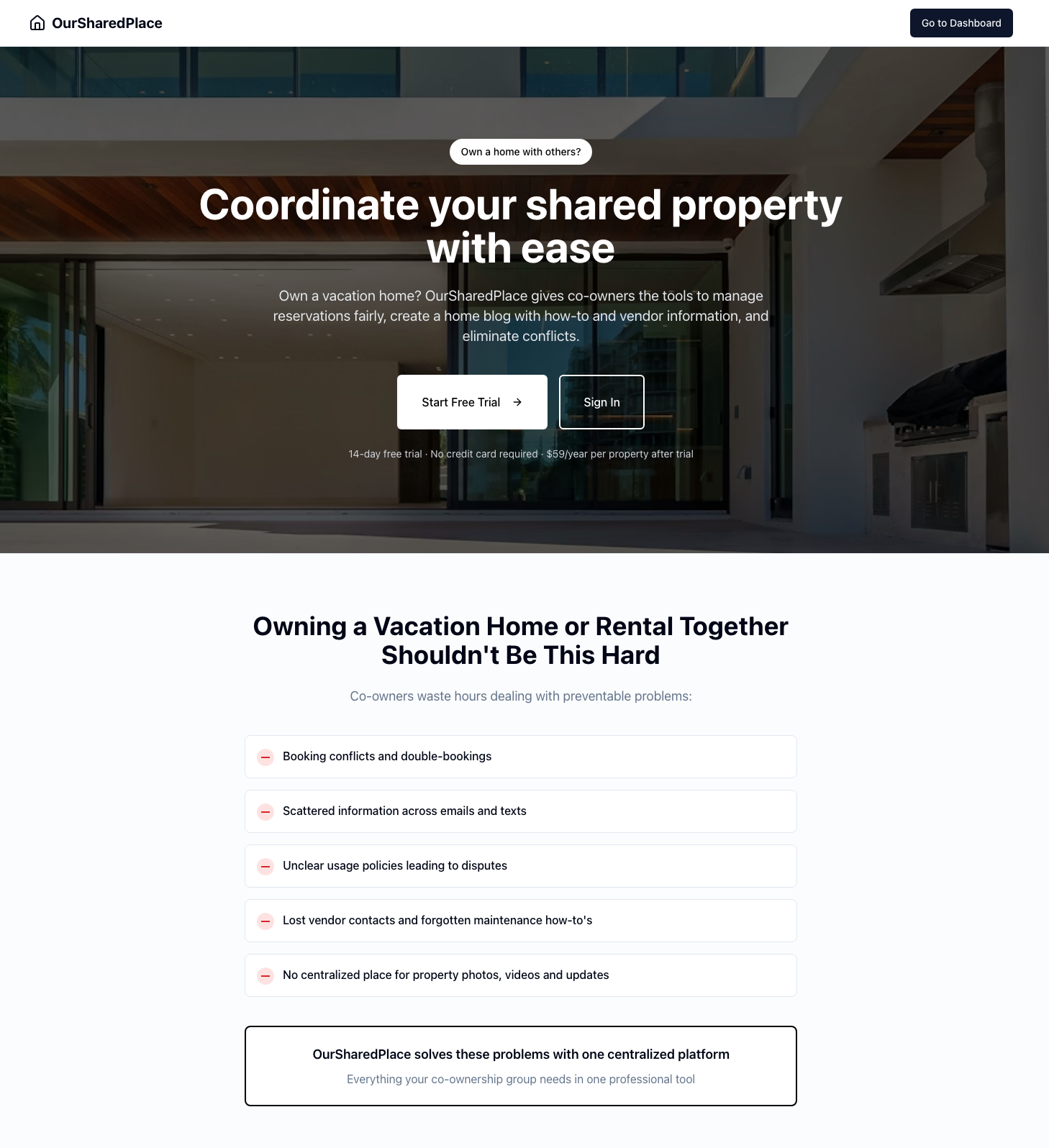 OurSharedPlace property dashboard showing calendar and property overview
